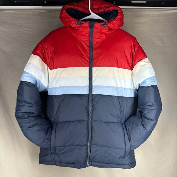 Retro Style Goodfellow & Co Men's Colorblock Striped Puffer Jacket with Hood Siz - Picture 2 of 8